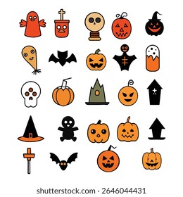 Fun and spooky Halloween doodle elements in vector style. Includes pumpkins, ghosts, bats, and more! Perfect for stickers, decorations, and seasonal designs.