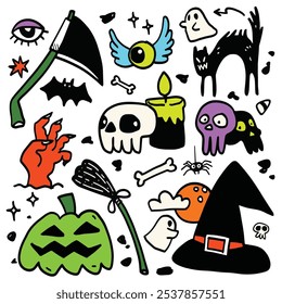 Fun and spooky Halloween doodles featuring skulls, ghosts, pumpkin, witch hat, and creepy symbols, isolated on white background