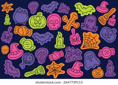 Fun and spooky hand-drawn Halloween icons in bright colors. Includes pumpkins, bats, ghosts, spiders, candies, skulls, and witch hats. Perfect for party decor, stickers, and design projects.