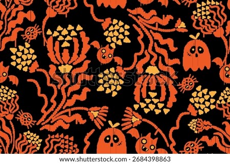 Fun and spooky seamless Halloween pattern with pumpkins, skulls, bats, spider webs, cauldrons, and witch hats in orange and black. Perfect for festive backgrounds, prints, and textiles.