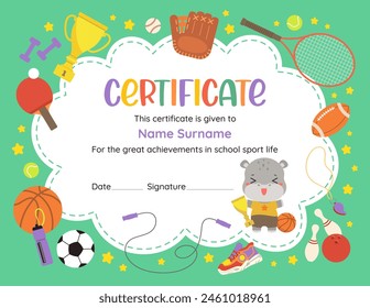 Fun sports certificate design template featuring kawaii cartoon character and vibrant sport icons. Perfect for celebrating young achievers athletic success in elementary school. Vector flat graphics.