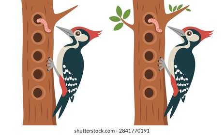 Fun spot the difference puzzle for children features two nearly identical pictures of a woodpecker on a tree hunting for a pink worm.