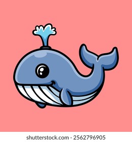 fun spouting whale cartoon character isolated colored drawing line art style sketch classic vintage design illustration