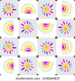 Patrón transparente del vector del arcoiris y del sol de primavera divertidos