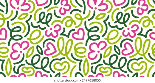 A fun spring seamless pattern featuring line doodles.  Funky background with pink flowers and green foliage in modern doodle linear style. Ideal for banner design, postcards, advertising, and textile.