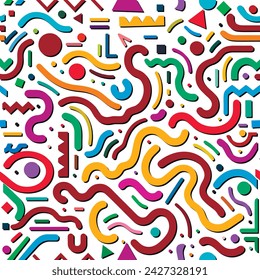 Fun squiggle doodle lines colorful seamless pattern. Creative abstract squiggle style drawing doodles background for children. Simple childish scribble wallpaper fabric print with geometric shapes.