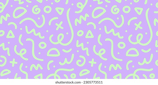 Fun squiggle line doodle seamless pattern. Creative abstract style drawing background for children or trendy design with basic shapes. Simple childish scribble wallpaper print.