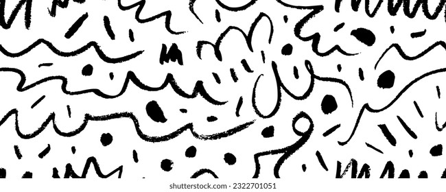 Fun squiggle line doodle seamless banner. Childish charcoal or crayon drawing. Creative abstract squiggle style drawing pattern for kids. Hand drawn scribble wallpaper with curved lines and dots.