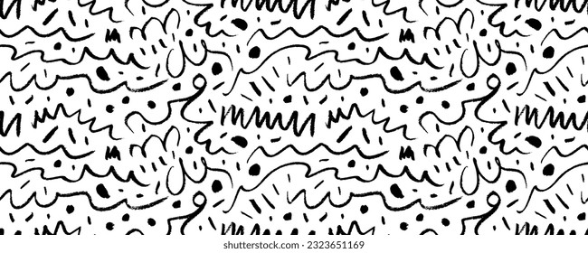 Fun squiggle line doodle seamless banner. Childish charcoal or crayon drawing. Creative abstract squiggle style drawing pattern for kids. Hand drawn scribble wallpaper with curved lines and dots.