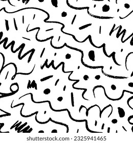 Fun squiggle line doodle seamless pattern. Childish charcoal or crayon drawing. Creative abstract squiggle style drawing background for kids. Childish scribble wallpaper with curved lines and dots.