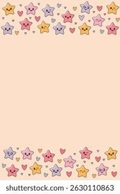 Fun star and heart page frame in pastel tones. Decorative frame with cheerful cartoon stars. Pink and yellow star border illustration