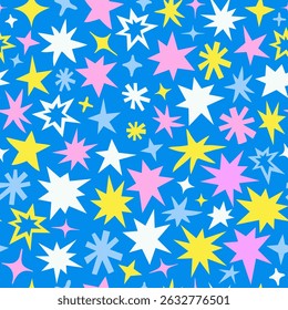 Fun Stars Seamless Pattern. Cool Shine Sparkle Background. Cute Doodle Hand Drawn Organic Shapes Art.