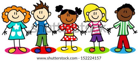 Fun stick figure cartoon kids, little boys and girls, ethnic diversity.