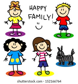 Fun stick figure cartoon lesbian or gay family with, two mothers, little girl, little boy and dog.