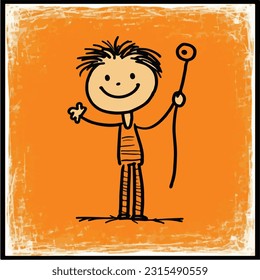Fun stick figure kid playing. pencil art drawing. isolated background. for color book. for kids. vector and illustration