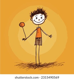 Fun stick figure kid playing. pencil art drawing. isolated background. for color book. for kids. vector and illustration