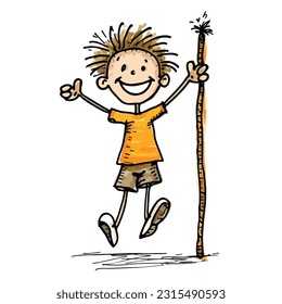 Spaß Strichmännchen Kind beim Spielen. Bleistiftkunstzeichnung. isolierter Hintergrund. für Farbbuch. für Kinder. Vektorgrafik und Illustration