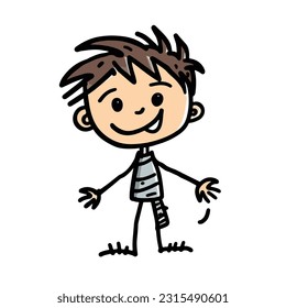 Fun stick figure kid playing. pencil art drawing. isolated background. for color book. for kids. vector and illustration