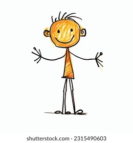 Fun stick figure kid playing. pencil art drawing. isolated background. for color book. for kids. vector and illustration