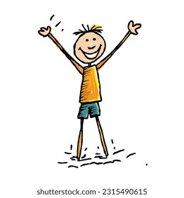 Fun stick figure kid playing. pencil art drawing. isolated background. for color book. for kids. vector and illustration