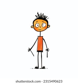 Fun stick figure kid playing. pencil art drawing. isolated background. for color book. for kids. vector and illustration