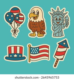 A fun sticker pack of 6 USA-themed illustrations: flag, eagle, statue of liberty, balloons, Uncle Sam’s hat, and firework. Perfect for July 4th clipart or celebration decor.