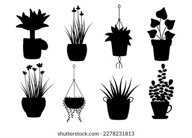 Fun stickers different plants silhouette. Cartoon plants