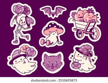 Adesivos divertidos. Conceito de Halloween assustador e brincalhão com personagens mascote bonito: esqueleto com balões, morcego, cogumelo, gato e bruxa fantasma com um caldeirão. Encantadoras e doces ilustrações