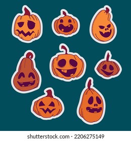 Fun stickers with vector Halloween pumpkins on a dark background. A bright detail for your holiday