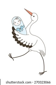 The fun stork with new born boy. Vector contour.