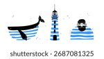 A fun and striking set of nautical vector illustrations featuring sea life and marine icons. This quirky hand-drawn art includes a stylized whale, a lighthouse, and a bearded sailor