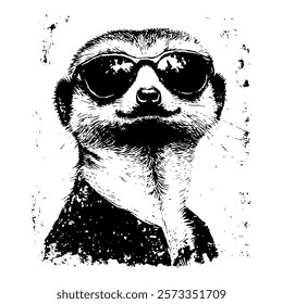 fun and stylish black and white vector illustration of a meerkat wearing sunglasses, blending humor and modern design with intricate detailing.