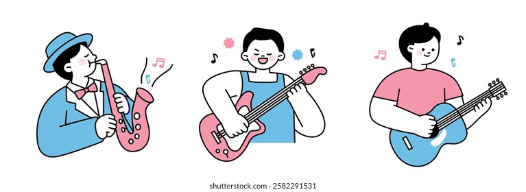 A fun and stylish illustration of musicians playing saxophone and guitar in a minimal and modern flat design. modern flat design representing music, orchestra, and performance.