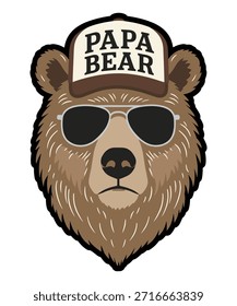 Uma divertida e elegante ilustração vetorial de um urso usando um boné 'Papa Bear' e óculos de sol, perfeito para o Dia dos Pais ou projetos com tema familiar.