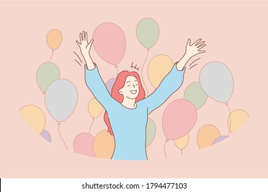 Fun, success, celebration, holiday, joy concept. Young happy cheerful smiling joyful woman girl teenager celebrating birthday victory with flying air baloons. Goal achievement happiness illustration.