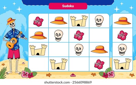 Fun Sudoku Worksheet featuring summer vacation objects and skeleton. Perfect for preschool learning activities