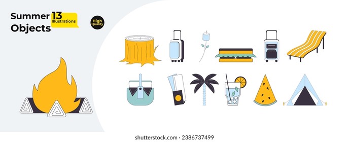 Fun summer 2D linear cartoon objects bundle. Campfire, luggage, camping tent, picnic basket isolated line vector elements white background. Tropical getaway color flat spot illustration collection