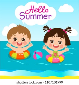 Fun Summer Activities For Kids. Summer Kids Vector. Happy Children Playing On The Beach Flat Vector Illustration. Cute Boy And Girl With Swim Ring Playing At The Beach In Summer Time.