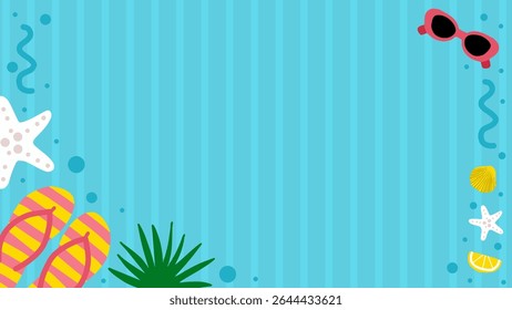 Fun summer background with striped blue backdrop, flip flops, starfish, sunglasses, lemon, seashells, and palm leaves. Perfect for banners, flyers, invitations, and beach-themed designs.