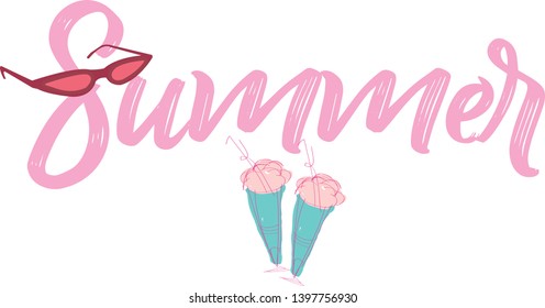 Fun summer banner. Juicy colors. Summer composition with an lettering, sun glasses and ice creams