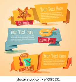 Fun summer banners set - beach theme, starfish, rubber duck, spade and bucket. Vector