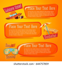 Fun summer banners set - Hat with glasses, chaise-longue with umbrella, palms in glasses. Vector