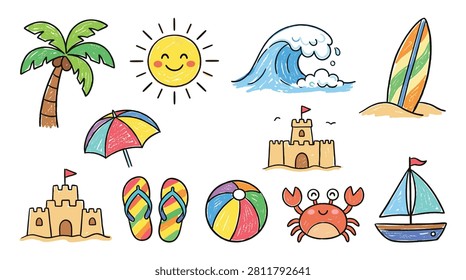 Fun summer beach elements collection features hand drawn illustrations of tropical objects including palm tree sun ocean wave surfboard umbrella sandcastle flip flops beach ball crab and sailboat perfect for vacation themed creative design projects.