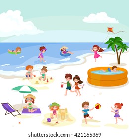 Fun at summer beach. Happy cartoon kids playing sand around water vector illustration.Cute boy and girl sea vacation, child holiday background, travel to children camp ocean with sun in sky