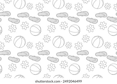 Fun summer beach-themed coloring page featuring flip-flops, beach balls, and flowers. Perfect for kids and adults to enjoy.