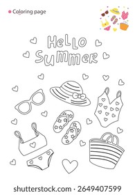 Fun summer beach-themed coloring page with outline drawings of hat, flip-flops, sunglasses, swimsuits, and bag – includes corner color reference, great for kids’ creative summer projects.