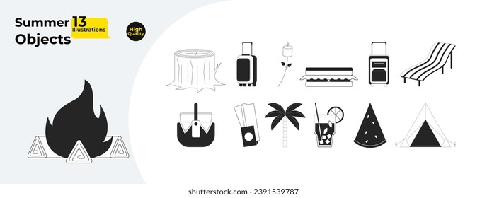 Fun summer black and white 2D line cartoon objects bundle. Bonfire, luggage, camping tent, picnic basket isolated vector outline items. Tropical getaway monochromatic flat spot illustration collection