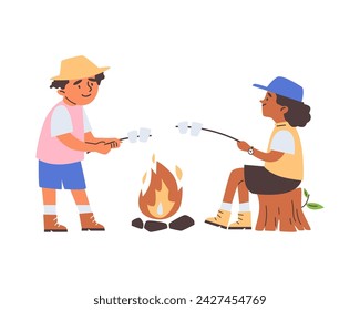 Fun at summer camp. Flat vector illustration of children roasting marshmallows on a campfire. Objects on an isolated background depicting outdoor camping.