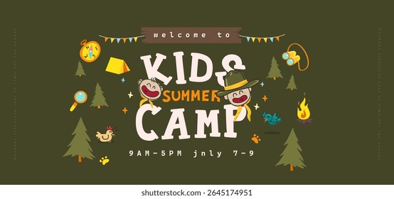Fun summer camp poster with cartoon kids, forest animals, and outdoor adventure elements on green background