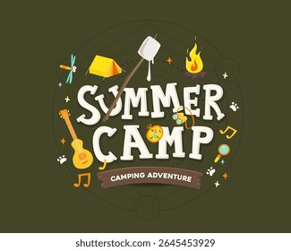 Cartaz divertido acampamento de verão com barraca fogo guitarra bússola marshmallow e outros ícones de acampamento no fundo verde escuro